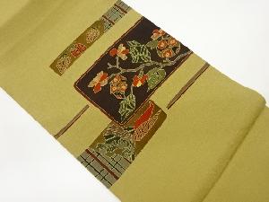 縮緬地花葉・野菜模様開き名古屋帯（額縁仕立て）